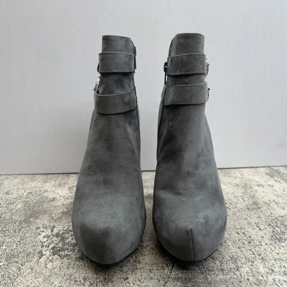 Women's Gray Suede Ankle Booties with Double Buckle - Picture 3 of 5